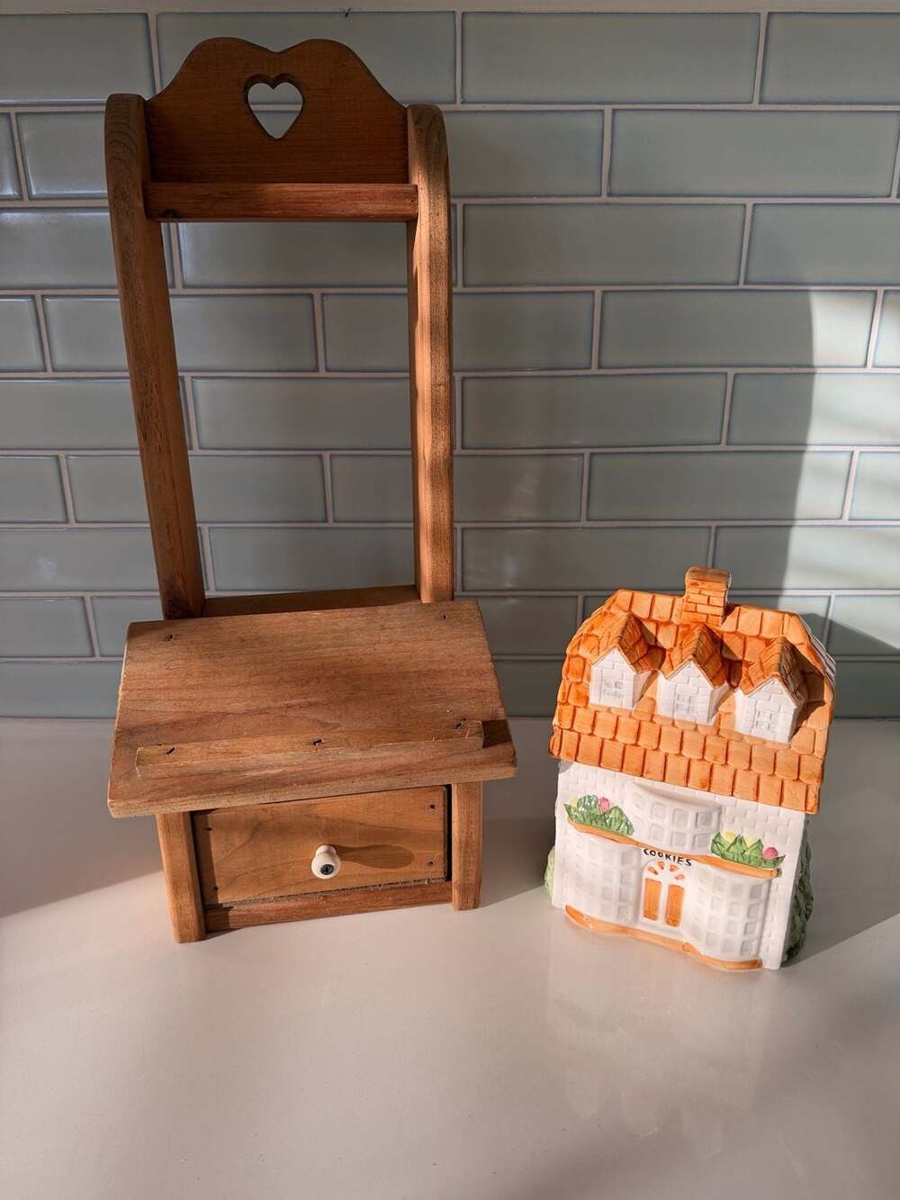Vintage Ceramic House Cookie Jar and Wooden Cookbook Stand Bundle